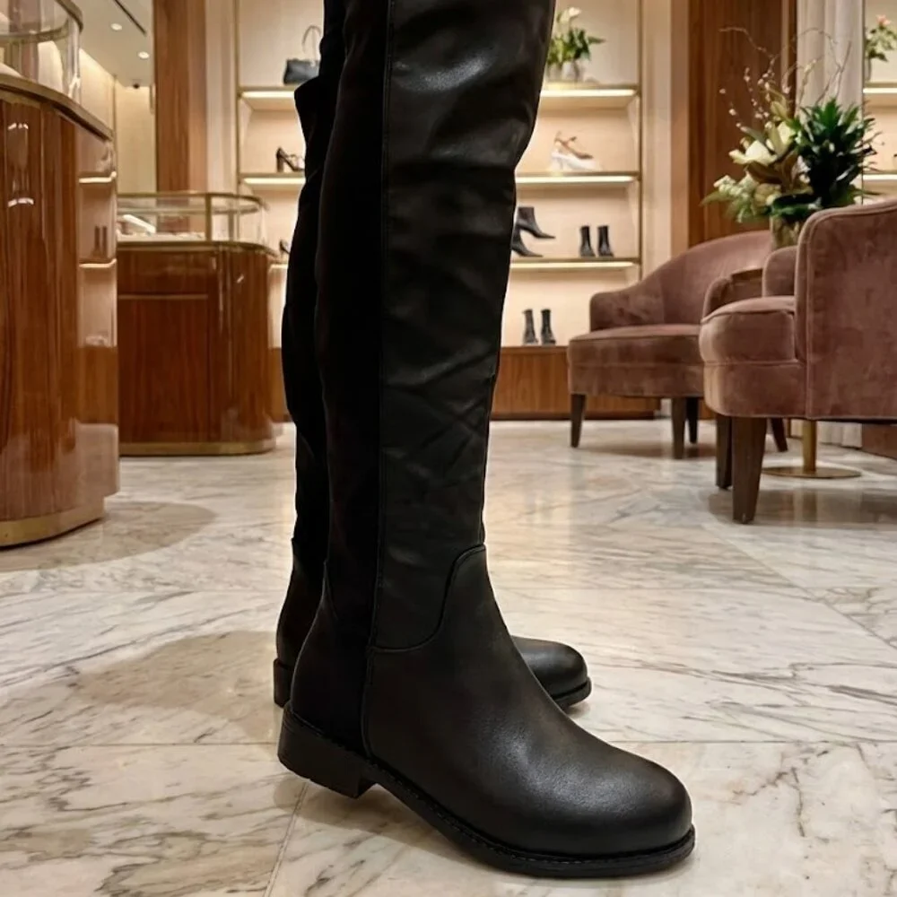 NWT Wild Diva Black Over The Knee Boots Faux Leather Stretch Back Riding OTK